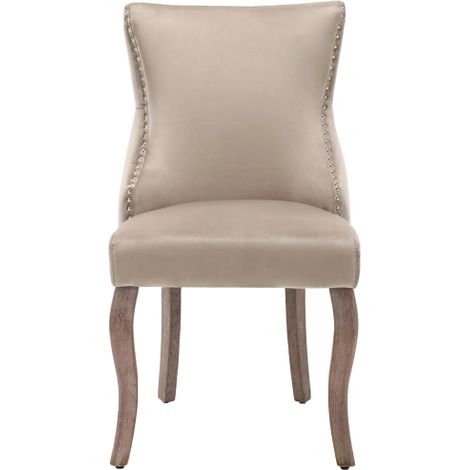Chaises de salle à manger (lot de 4) — Assises rembourrées avec finition cloutée, revêtement en velours et pieds courbes en bois massif — Beige (1/4)