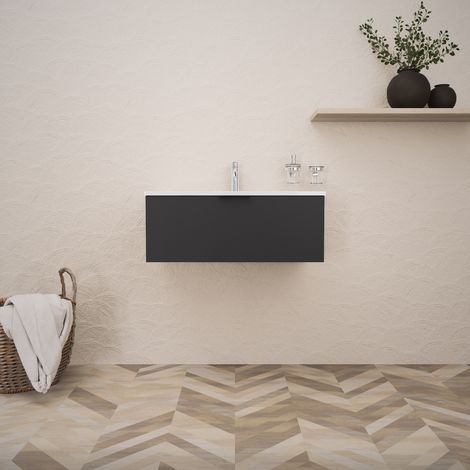 Inda - Badezimmerschrank B.80 mit glänzendem/mattem schwarzem Waschbecken 1 Schublade - Topazio