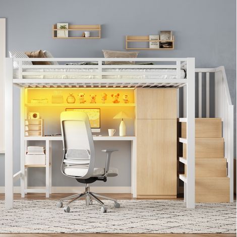 Cama alta de metal blanca 140x200 cm con escritorio, armario, estante y escalera con almacenaje