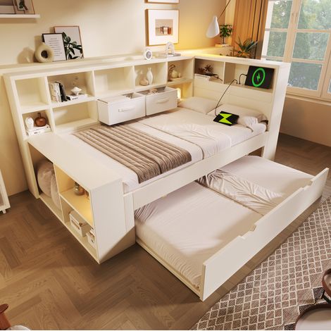 FLORAGRACE Lit simple 90x200 en bois blanc avec lit gigogne, rangements sur 3 côtés et charge USB/Type-C (1/5)