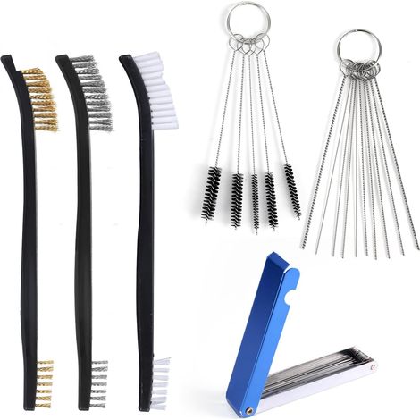 Kit de Nettoyage de Carburateur, Kit Nettoyage Pointe Chalumeau 3 Brosses Polissage à Double Extrémité 5 Brosses 23 Aiguilles pour Pistolets Pulvérisateurs Moto Soudeurs VTT et Embouts (1/5)