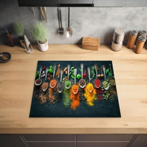Copertura protettiva per piano cottura, tappetino decorativo per cucina a induzione, 40x60 cm, con motivo erbe aromatiche, spezie e cucchiai. (1/4)