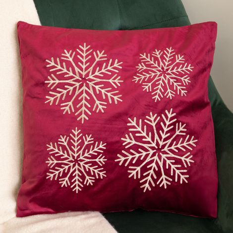 44cm Burgundy & Gold Snowflake Soft Christmas Cushion (1/5)