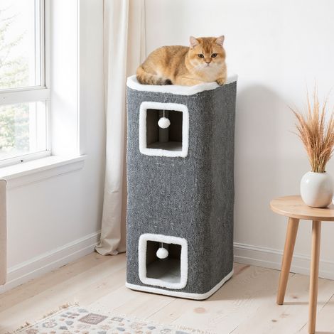 Torre per gatti a 4 livelli, albero per gatti stabile con palline da gioco, piattaforma superiore e bordo imbottito, 41 x 41 x 100 cm, grigio