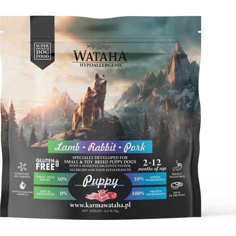 Aliment sec hypoallergénique Wataha pour chiots, petites races, agneau, lapin et porc, au riz, 2 kg (1/2)