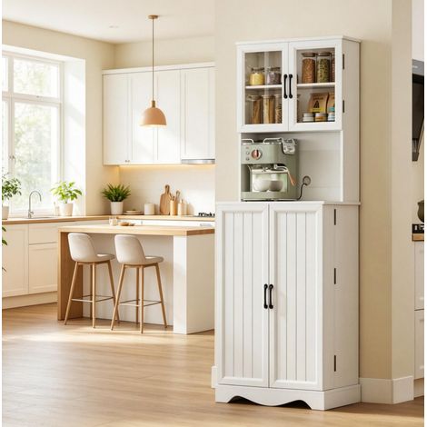 Credenza alta da cucina 60/39,5/179,6 cm bianca con piano di lavoro e 8 ripiani sulle ante (1/5)
