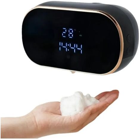 Distributeur automatique de savon mousse, 3 réglages ajustables, distributeur de savon rechargeable avec capteur, montage mural, écran LCD, chargement Type-C, noir.-AquaForge (1/5)