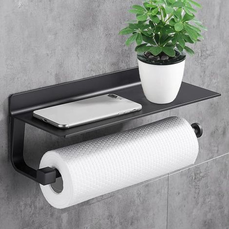 Toilettenpapierhalter, Papierhandtuchhalter, Küchenzubehör, Aluminium matt, perforationsfreier Küchenpapierhalter, schwarz