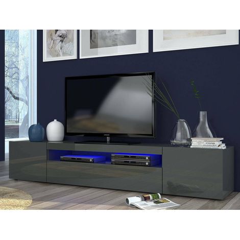 Dmora - Mueble de televisión Dfirman, Aparador bajo para salón con 3 puertas, base soporte TV, 100% Made in Italy, cm 200x40h37, Antracita Brillo (1/4)