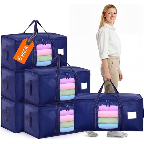 Lot de 6 grands sacs de rangement de 90 l avec couvercle, cartons de déménagement pliables avec fenêtre transparente, sacs de déménagement pour déménagement, linge de lit, rangement des (1/5)