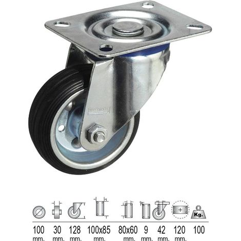 Roue Industrielle Plaque Caoutchouc Noir 100 mm.