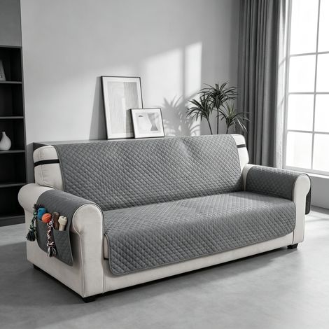 Copridivano per 3 posti 306x177x0.5 cm, copertura anti schizzi, antiscivolo, tasche portaoggetti, poliestere grigio (1/5)