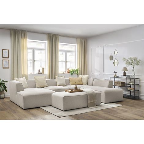 Bobochic – Canapé panoramique fixe MEGEVE 6 places – Tissu chiné déperlant – Design moderne avec pouf – Longueur 339cm – Largeur 231cm (1/5)