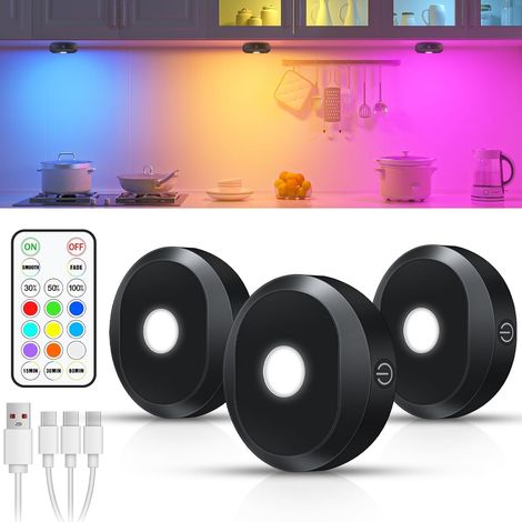 RGB Spot LED sans Fil, Rechargeable LED Cuisine sous Meuble avec Télécommande, Spot sans Fil pour Cuisine, Armoire, Placard, Comptoir, Lot de 3 (1/5)