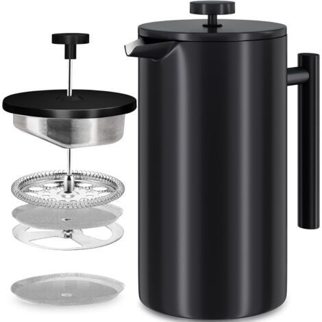 Stainless Steel French Press, 1 L Double Wall Insulated Coffee Press, Inner Wall with Cautèle, with 5 Coffee Filters and Measuring Spoon, 7-8 Cups, Matte Black, Coffee, Tea (1/4)