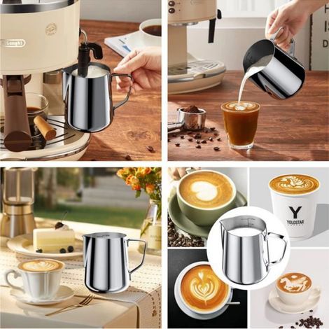 350ml Pot à Lait 304 Inox pour Mousser le Lait, Pichet Lait Inox avec Marque de Mesure 12oz, Tasse a Cafe, Pichet Inox pour (1/4)