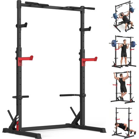 Squat Rack regolabile - con Barra Trazioni e Portadischi - Carico massimo 300 kg - Multifunzionale 5 in 1 - 120 x 80 x 140–220 cm - Realizzato in acciaio