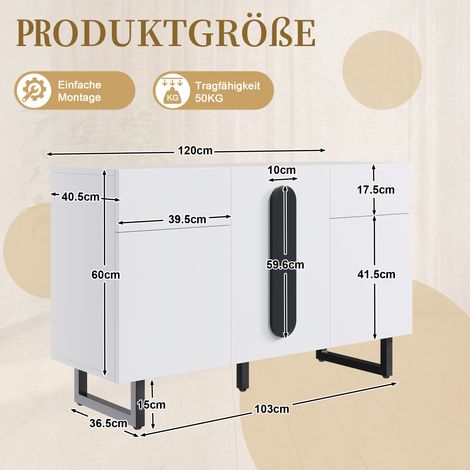 Buffet moderne 120 cm blanc poignées noires pieds métalliques,tiroirs et portes grand rangement polyvalent salon cuisine.