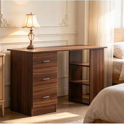 Bureau d'ordinateur avec 3 tiroirs et 3 étagères, 120 x 49 x 72 cm, en MDF effet bois foncé, rangement modulable gauche ou droite, pour bureau ou chambre – CHICFURN (1/5)