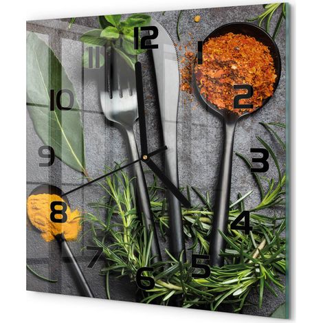 Horloge Murale Carrée Verre Décoratif Silencieuse Moderne Salon Cuisine Couverts et épices 30x30 cm (1/5)