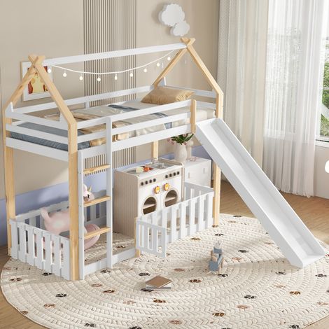 Cama infantil con tobogán y techo en blanco natural OKMYHOME (1/5)