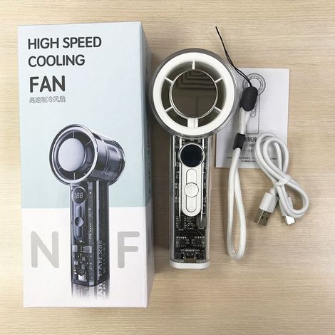 Mini ventilatore portatile con display digitale, 100 velocità regolabili, ricaricabile tramite USB, adatto per uso interno/esterno, colore bianco.
