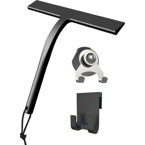 Ensemble de grattoir de douche avec support, noir, 23 cm de large, sans perçage, en silicone, pour douche, fenêtre, acier inoxydable, avec ventouse, pour disque (1/4)
