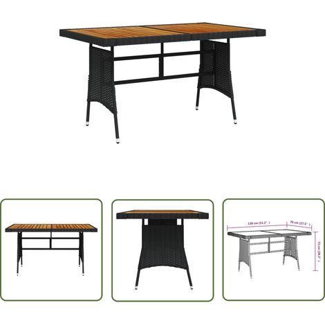 The Living Store Gartentisch Schwarz 130x70x72cm Poly Rattan & Massivholz Akazie - Gartentisch - Esstisch - Gartenmöbel - Terrasse - Holztisch (1/4)