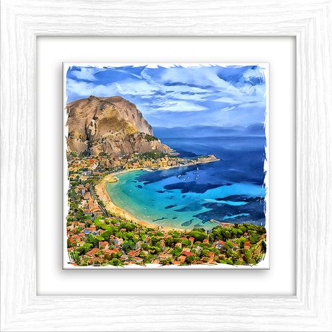 Lupia - Quadro moderno con paesaggi e localismi italiani, Ceramica e Stampa Rilievo, Cornice Legno Shabby Modern bianca, Decorazione Parete, Quadretti Soggiorno, 29x29 cm, PALERMO PANORAMA GOLFO (1/4)