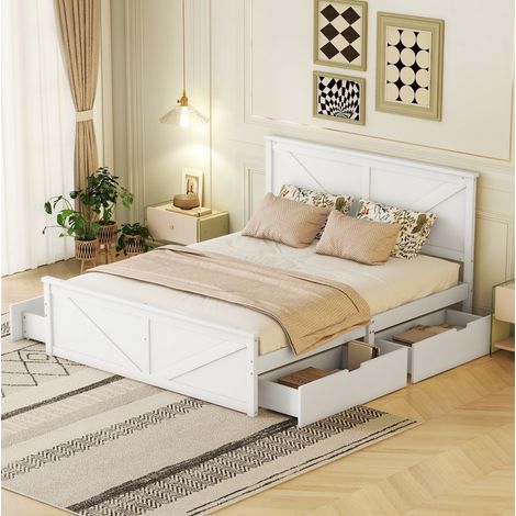 Bett 160x200 cm aus Kiefernholz in Weiß mit Kopfteil, Lattenrost und 4 Schubladen (1/5)