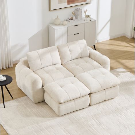 Canapé modulable 2 places en chenille, mousse haute densité 32D, assise confortable de 54 cm, design matelassé sans montage, beige, 2 poufs (1/5)
