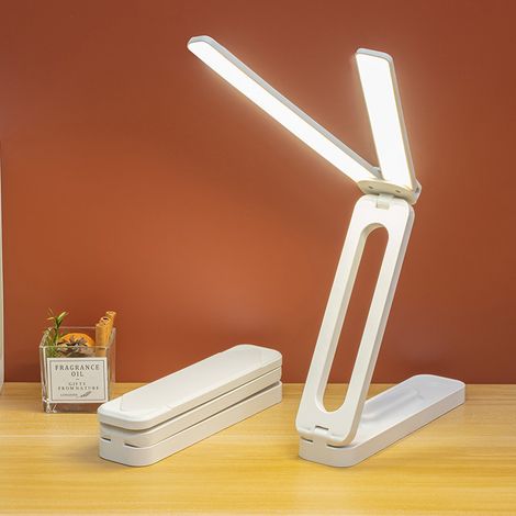 Wiederaufladbare LED-Schreibtischlampe, faltbar, Helligkeit einstellbar, Ein-Knopf-Bedienung, USB-Anschluss, tragbar, zwei Lampenköpfe (1/4)