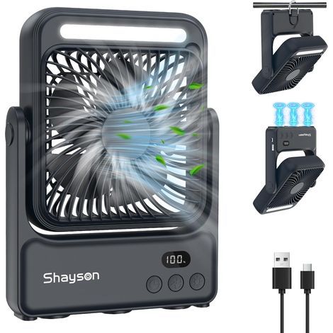 USB Desk Fan with Powerful Airflow and Quiet Operation, Camping Fan with 20000mAh Rechargeable Battery, 270° Rotation, Timer Mode, Hook (1/5)
