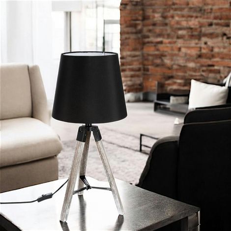Lampe en bois grisé forme trépied et abat-jour coton noir D28xH58cm (1/3)