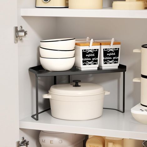 Stackable Metal Storage Shelf, Kitchen Corner Shelf with Non-Slip Mat, Cupboard Organizers, for Kitchen Cupboard/Bathroom/Countertops/Utensils (1, Black) (1/5)