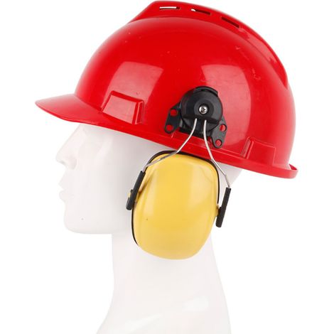 Port de casques antibruit de type casque de sécurité pour la réduction du bruit sur les chantiers de construction, d'exploitation forestière, de découpe et de meulage  casques antibruit jaunes. (1/5)