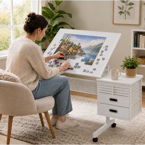 Tavolo per puzzle inclinabile 1500 pezzi con 4 vassoi, 2 cassetti e ruote, bianco OKWISH (1/5)