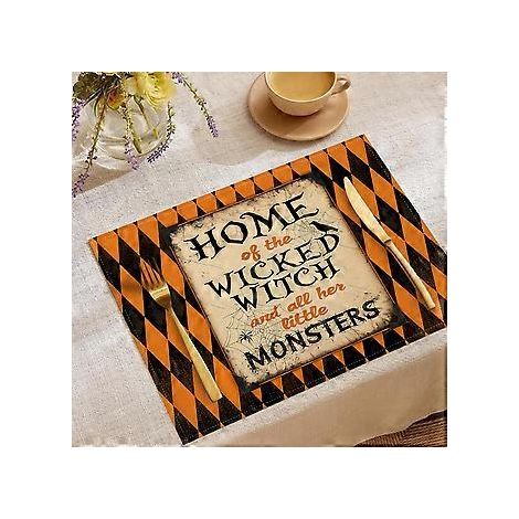 Halloween-Tischsets aus Leinen, Serie „Süßes oder Saures“, Kombinations-Tischsets, Restaurant-Festtagsdekoration, Geschirr-Isolierunterlagen (YMCD-32)
