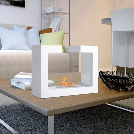 Cheminée de table bioéthanol 2000 W en acier inoxydable inodore avec vitre 78 x 25 x 58 cm blanche