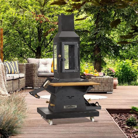 Azura Home Design – Chauffage de jardin à bois et charbon 5KW – Acier et bois d'iroko – Hauteur 150 cm, Largeur 73 cm – Pour terrasses jusqu'à 20 m²