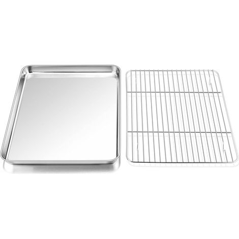 Teglia da forno da 32 cm con griglia, teglia in acciaio inox con griglia di raffreddamento, adatta al forno, per cucinare e cuocere, lavabile in lavastoviglie. (1/5)