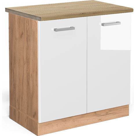 Meuble bas sous-évier R-Line, Blanc Haute brillance, 80 cm , PT Chêne, Vicco