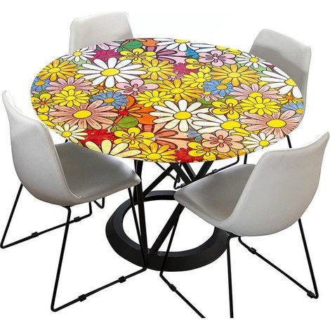 Nappe lavable ronde 90cm, élastique, effet lotus, impression 3D marguerites pour extérieur