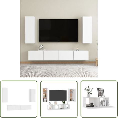 The Living Store Ensemble de meubles TV 4 pcs Blanc Bois d'ingénierie - Meuble Tv Mural - Meuble Tv Blanc - Ensemble Meuble Tv - Support Tv - Rangement Tv (1/5)