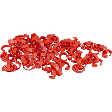 100 anneaux de cuisse de poulet à clipser, en plastique robuste et coloré, numérotés, pour volailles (canards, oies, coqs de combat). 100 anneaux rouges avec numéros. (1/5)