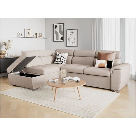 Loungitude – Canapé d'angle convertible 4 places avec coffre de rangement – Tissu beige – Dimensions lit 197x120 cm – Têtières réglables (1/5)