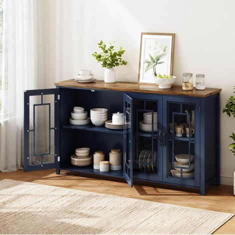 Aparador de cocina 160 cm con puertas de cristal, efecto madera y antivuelco HAVRYA (1/5)
