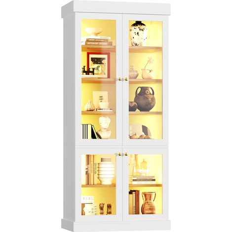 CHICFURN Armoire haute vitrine LED, meuble de rangement en MDF et verre, avec étagères réglables, double anti-basculement, 80 x 40 x 180 cm, blanc moderne (1/5)