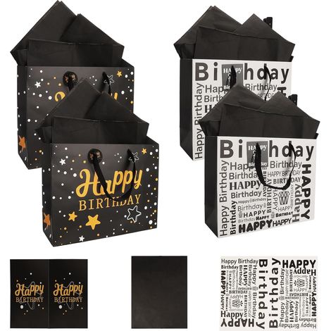Lot de 4 sacs cadeaux d'anniversaire 33 x 26 x 12 cm - Grand sac cadeau d'anniversaire - Finitions luxueuses - En noir et blanc et noir doré - Avec papier de soie et carte de vœux - Avec poignée de (1/5)