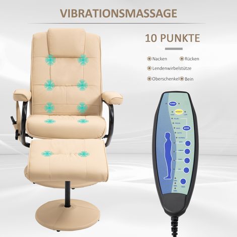 Fauteuil relax inclinable 360° avec repose-pieds, massant, pivotant, similicuir beige pour salon, poche latérale (1/4)